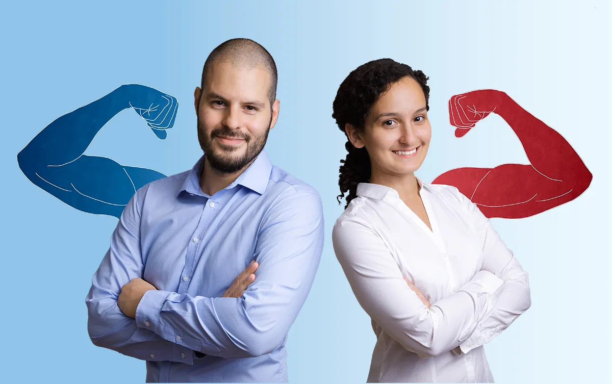 Vit-D3-Galen Slider Ebene 5 Ein Paar steht leicht seitlich zu einander und gemalte Arme kommen aus den anderen Schultern