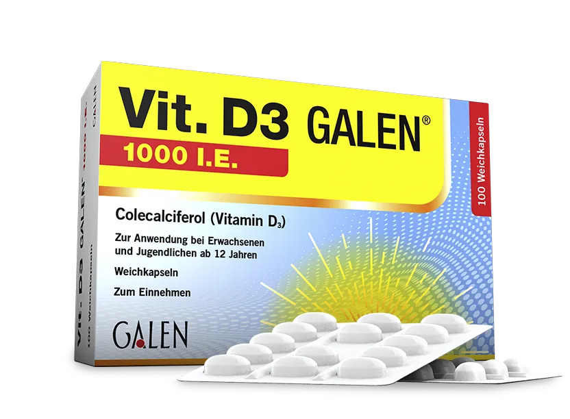 VitD3Galen Packshot Vit. D3 GALEN mit Inahlt davor