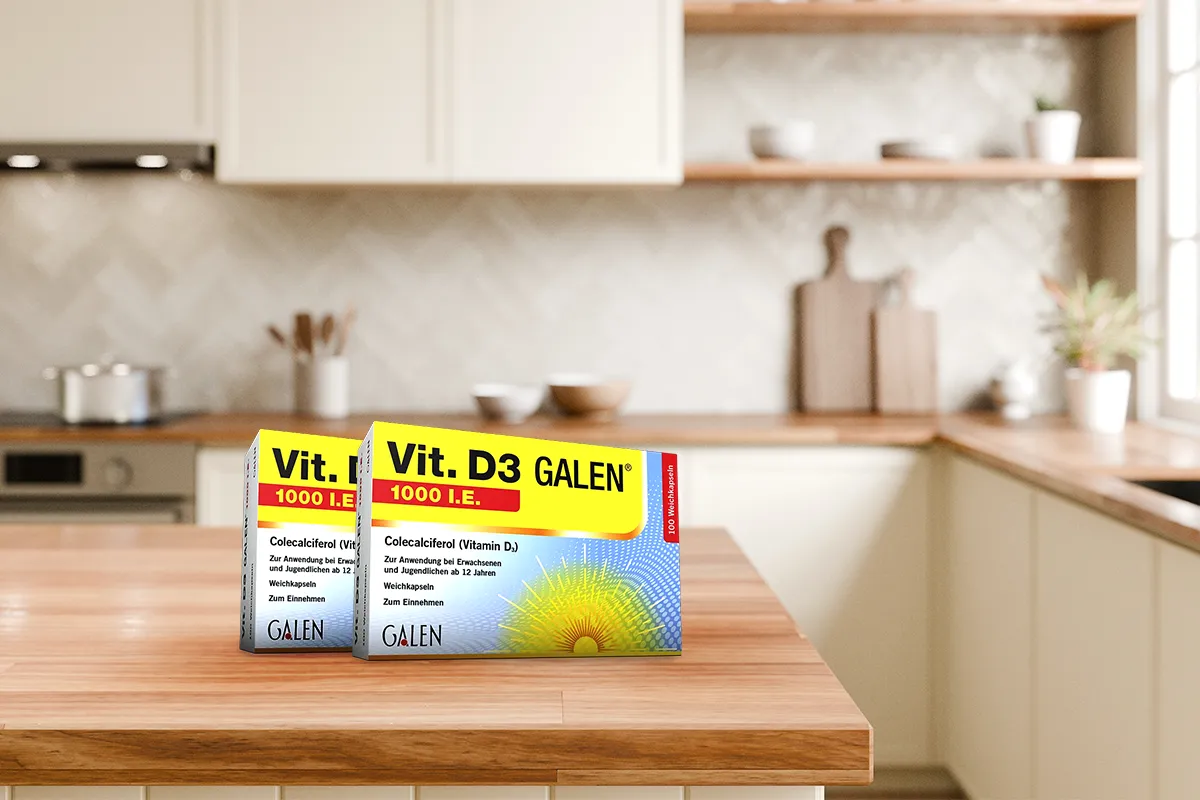 Vit. D3 GALEN Packung auf einer Küchenanrichte
