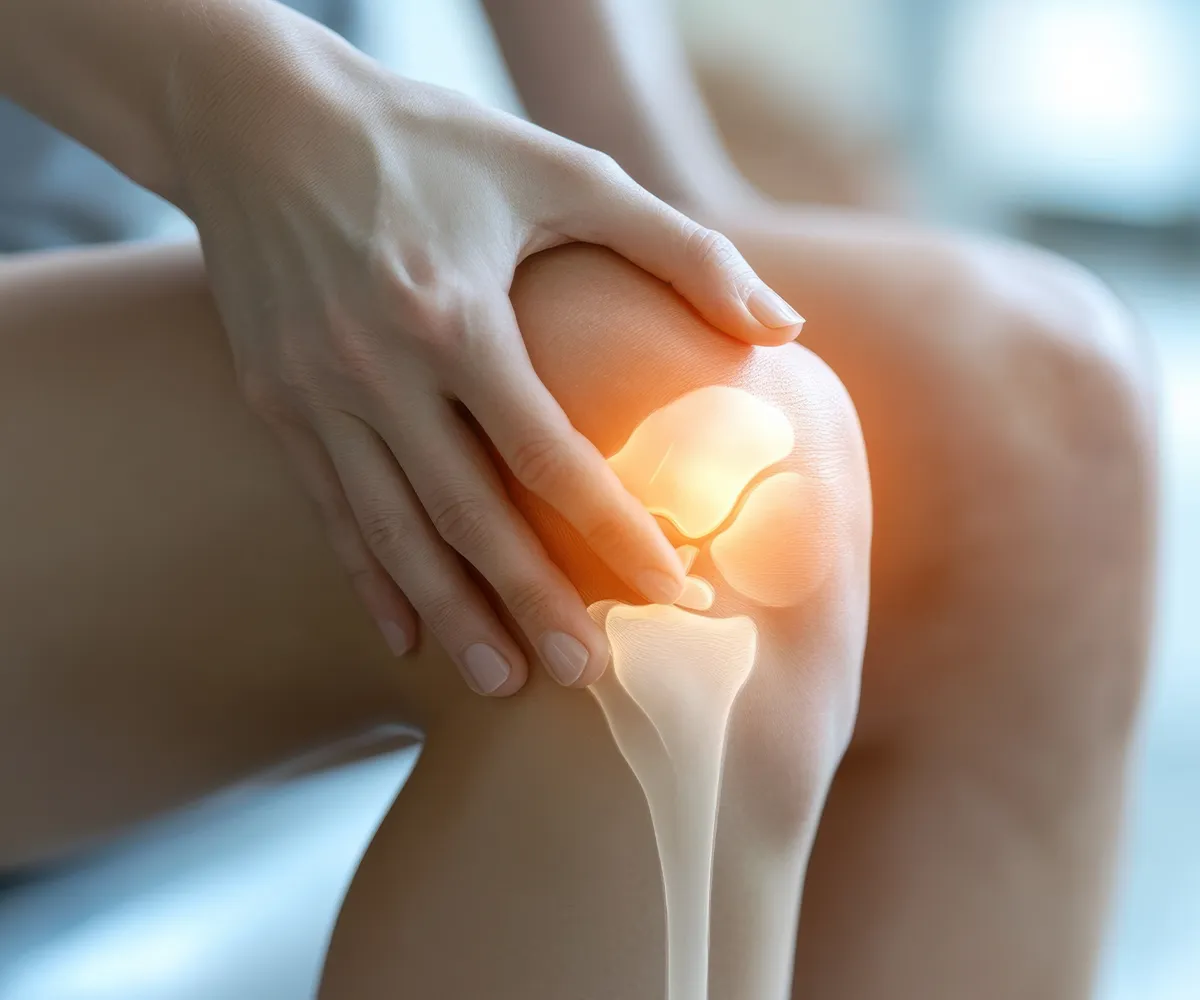 Bedeutung von Autoimmunerkrankungen Eine Person hält sich das Knie und schematisch sind die Knochen eingezeichnet mit rötlichen Stellen im Gelenk