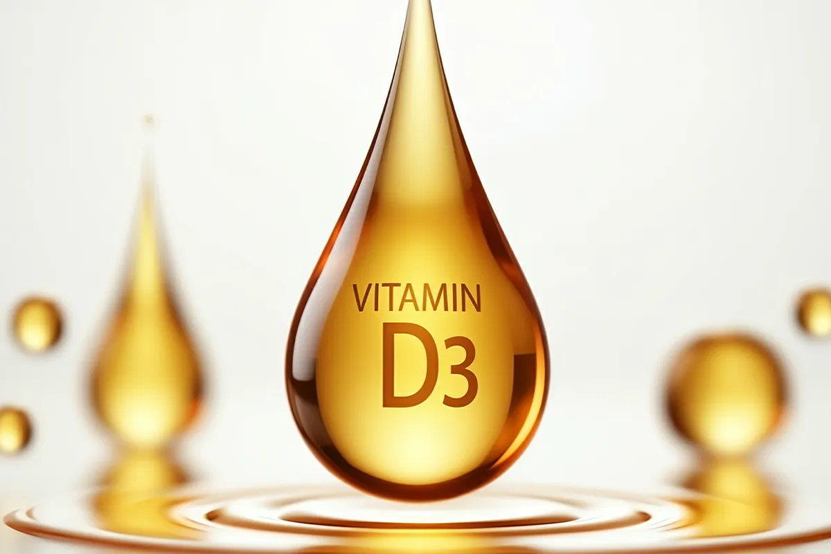 Ein gelblicher Tropfen mit dem Titel drauf Vitamin D3