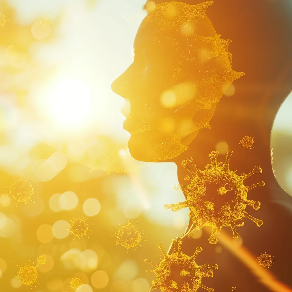 Einflussfaktoren auf Vitamin D Bedarf Ein überbelichtetes Foto mit einer männlichen Person im Profil mit schematisch dargestellten Viren