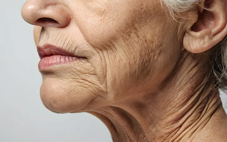 Nahaufnahme der linken Gesichtsunterseite einer älteren weiblichen Person