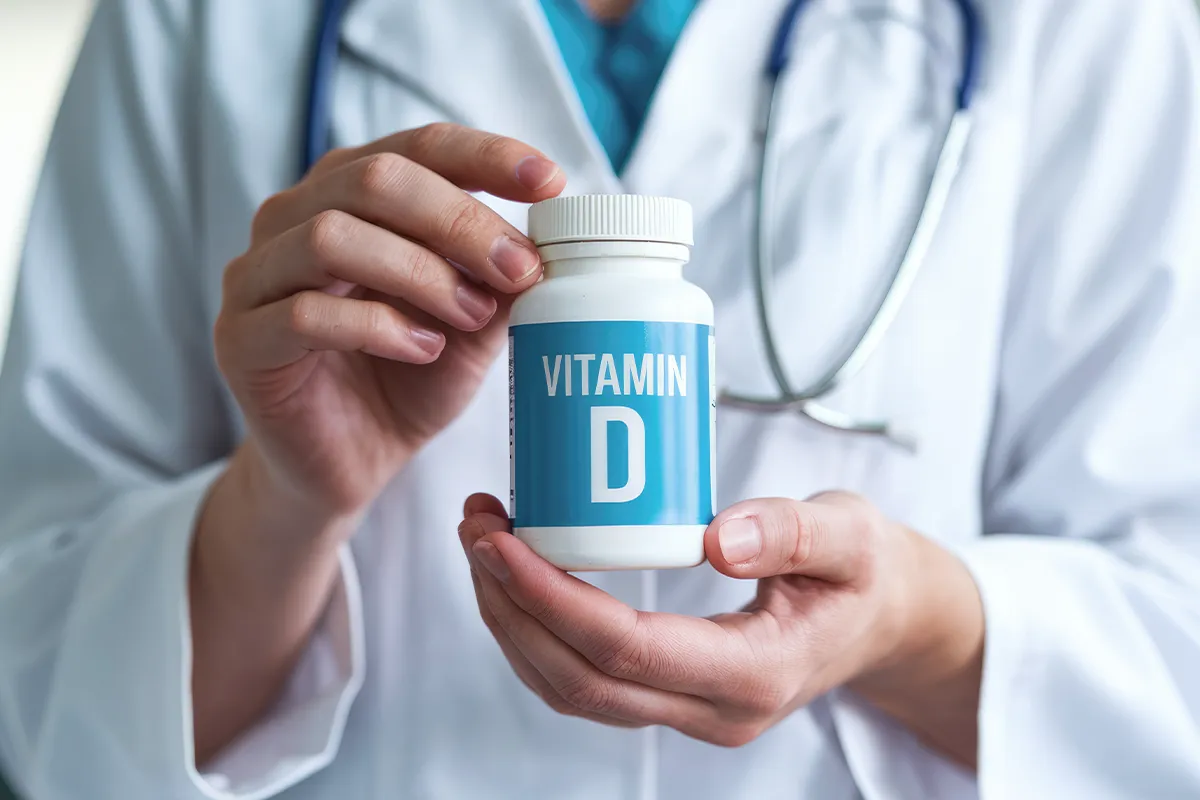 Ein medizinisches Personal präsentiert eine Pillendose mit Vitamin D Titel