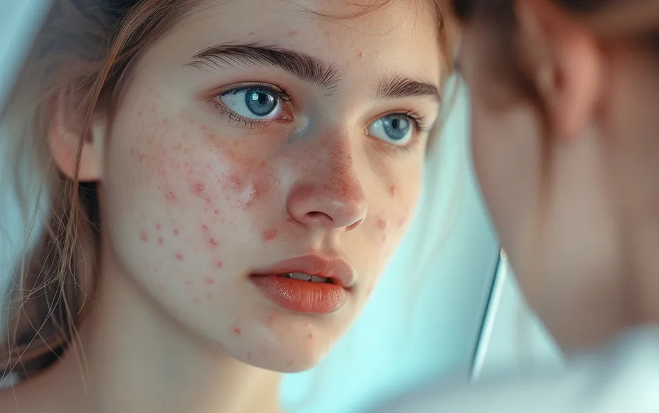 Nahaufnahme - Eine weibliche Person mit Agne Problem im Gesicht schaut sich im Spiegel an