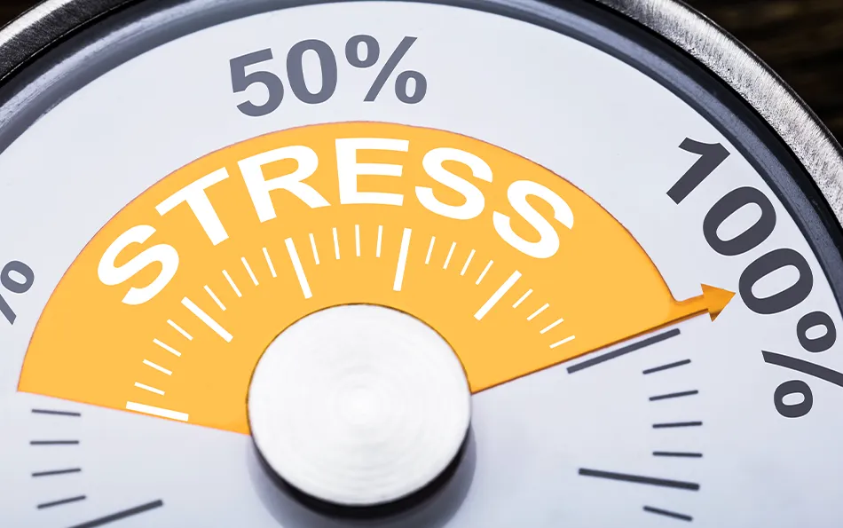 Ein Meter mit der Beschriftung Stress und dem Zeiger auf 100%