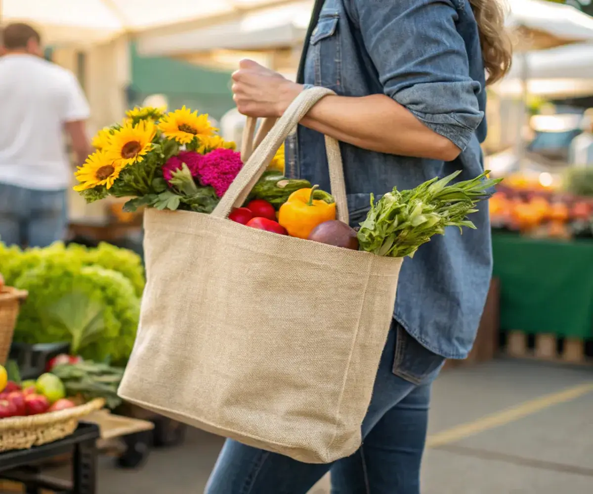 Eine weibliche Person mit einer Einkaufstasche voll mit Gemüse und Blumen. Im Hintergrund sind Stände eines Marktes erkennbar
