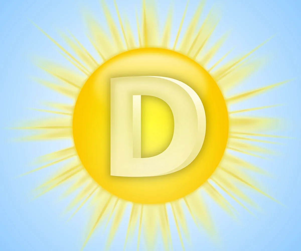 Herz Kreislauf Gesundheit Vitamin D Rolle im Körper Eine schematische Sonne mit Strahlen drum herum und einem großen D in der Mitte