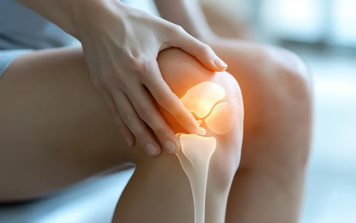 Eine Person hält sich das Knie und schematisch sind die Knochen eingezeichnet mit rötlichen Stellen im Gelenk