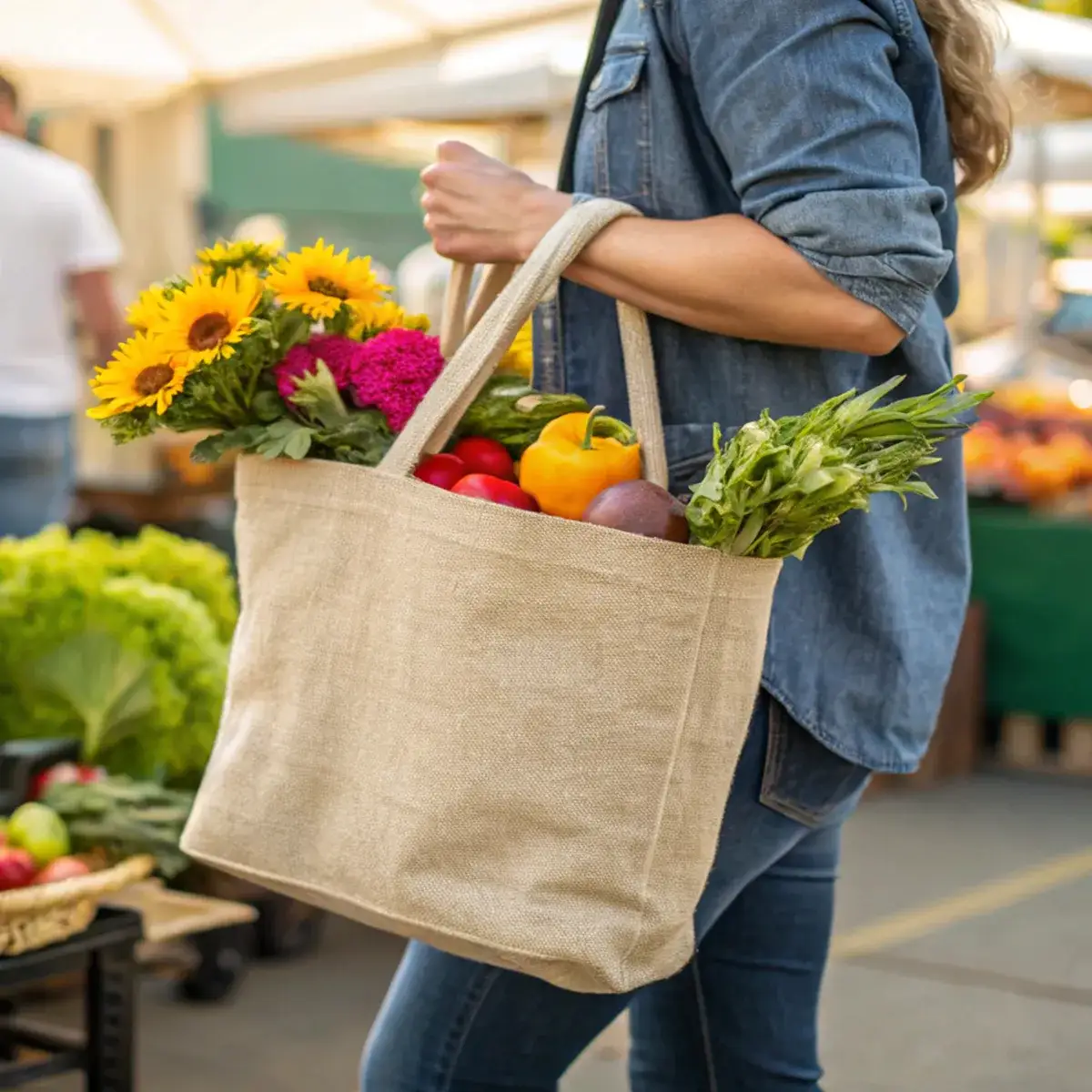 Eine weibliche Person mit einer Einkaufstasche voll mit Gemüse und Blumen. Im Hintergrund sind Stände eines Marktes erkennbar