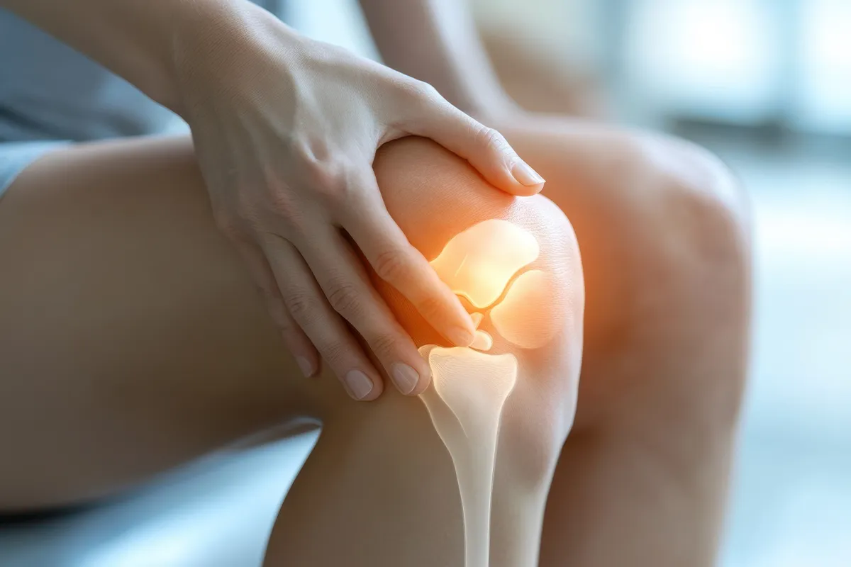 Eine Person hält sich das Knie und schematisch sind die Knochen eingezeichnet mit rötlichen Stellen im Gelenk