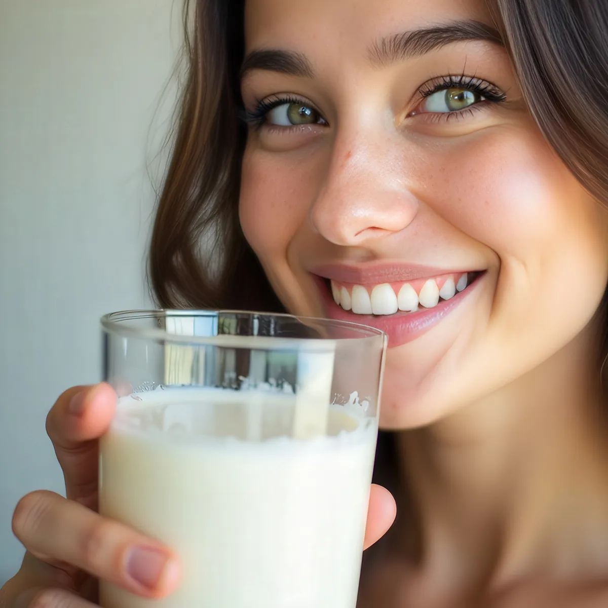 Eine lächelnde weibliche Person mit einem Glas Milch in der Hand