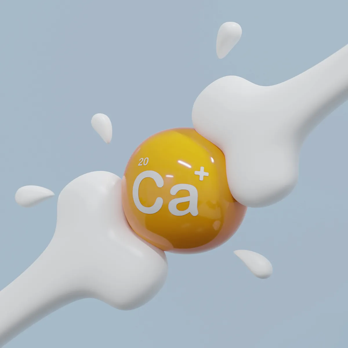 Osteoporose Einfluss von Vitamin D auf Kalziumhaushalt Eine Kugel mit Ca+ als Titel zwischen zwei Knochenenden