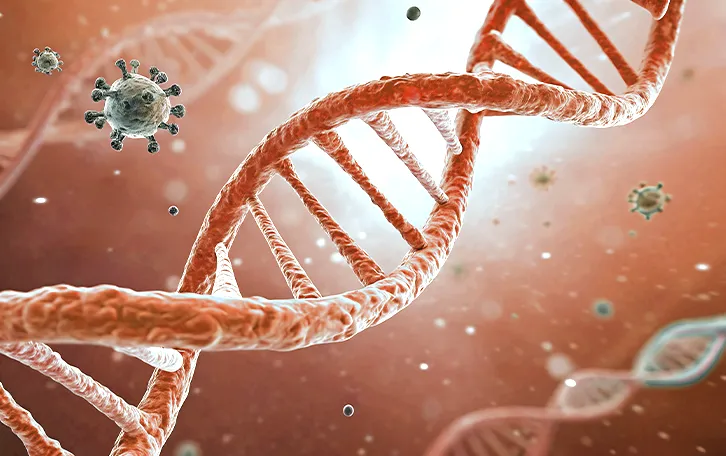 Osteoporose Entstehung genetische Veranlagerung Schemadarstellung von einem DNA Strang und Viren drum herum