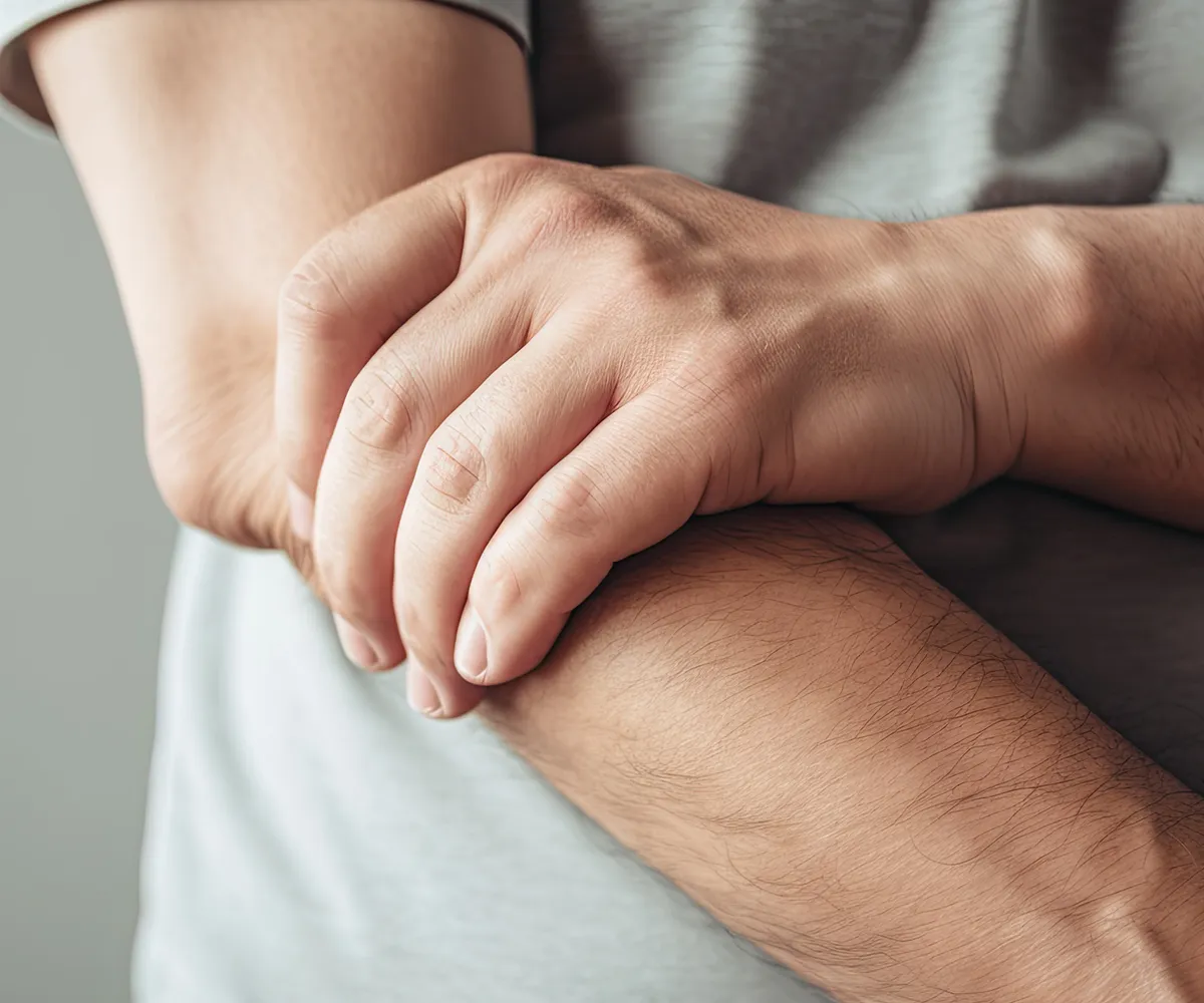 Osteoporose Vitamin D Lösung für Betroffene Eine männliche Person hält sich das Ellebogengelenk