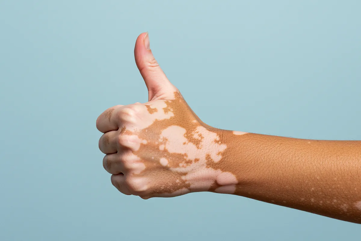 Prävention Autoimmunerkrankungen Vitamin D im Fokus Eine Hand mit Pikmentstörungen der Haut zeigt den Daumen nach oben