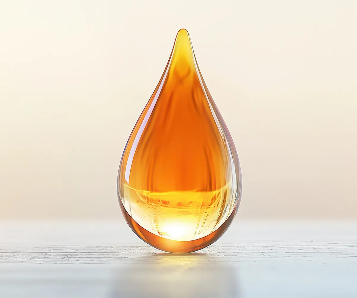 Ein organender Tropfen vor einem hellen Hintergrund