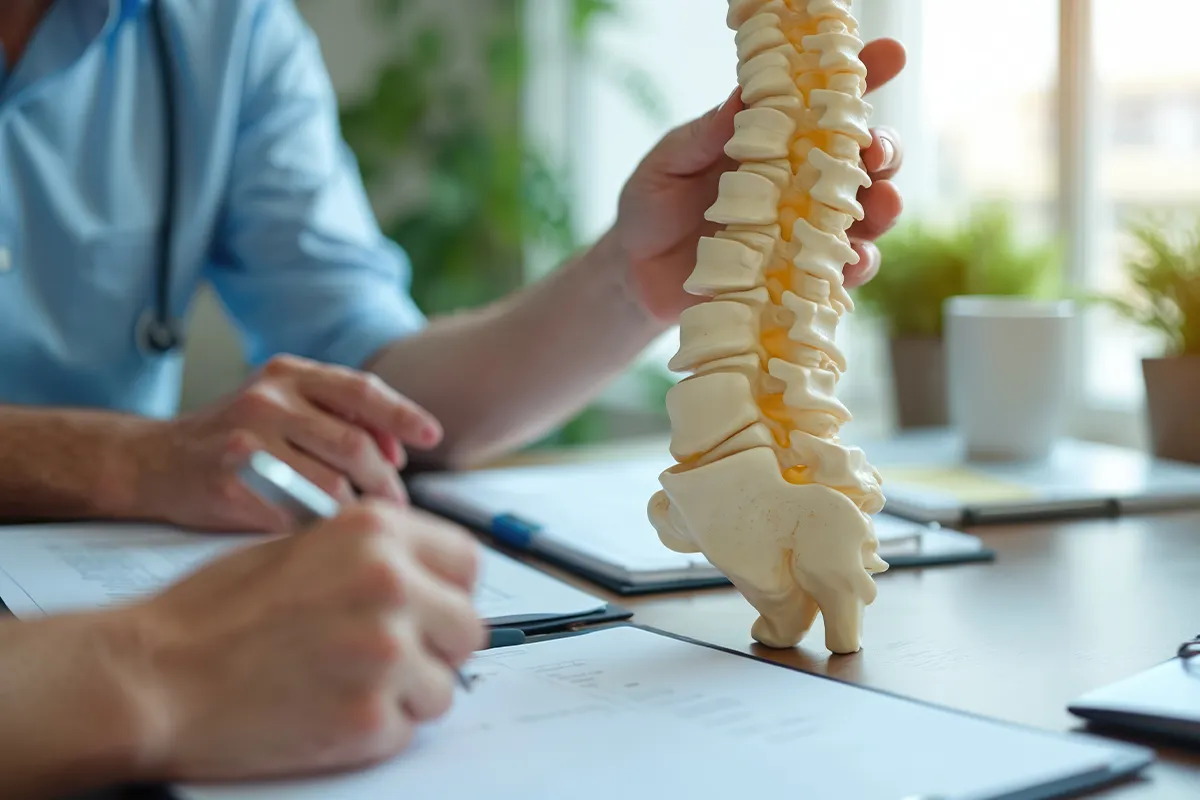 Symptome von Osteoporose oft schleichend Ein medizinischen Personal hält ein Modell einer Wirbelsäule und eine andere Person macht sich Notizen auf einem Klemmbrett auf einem Tisch liegend