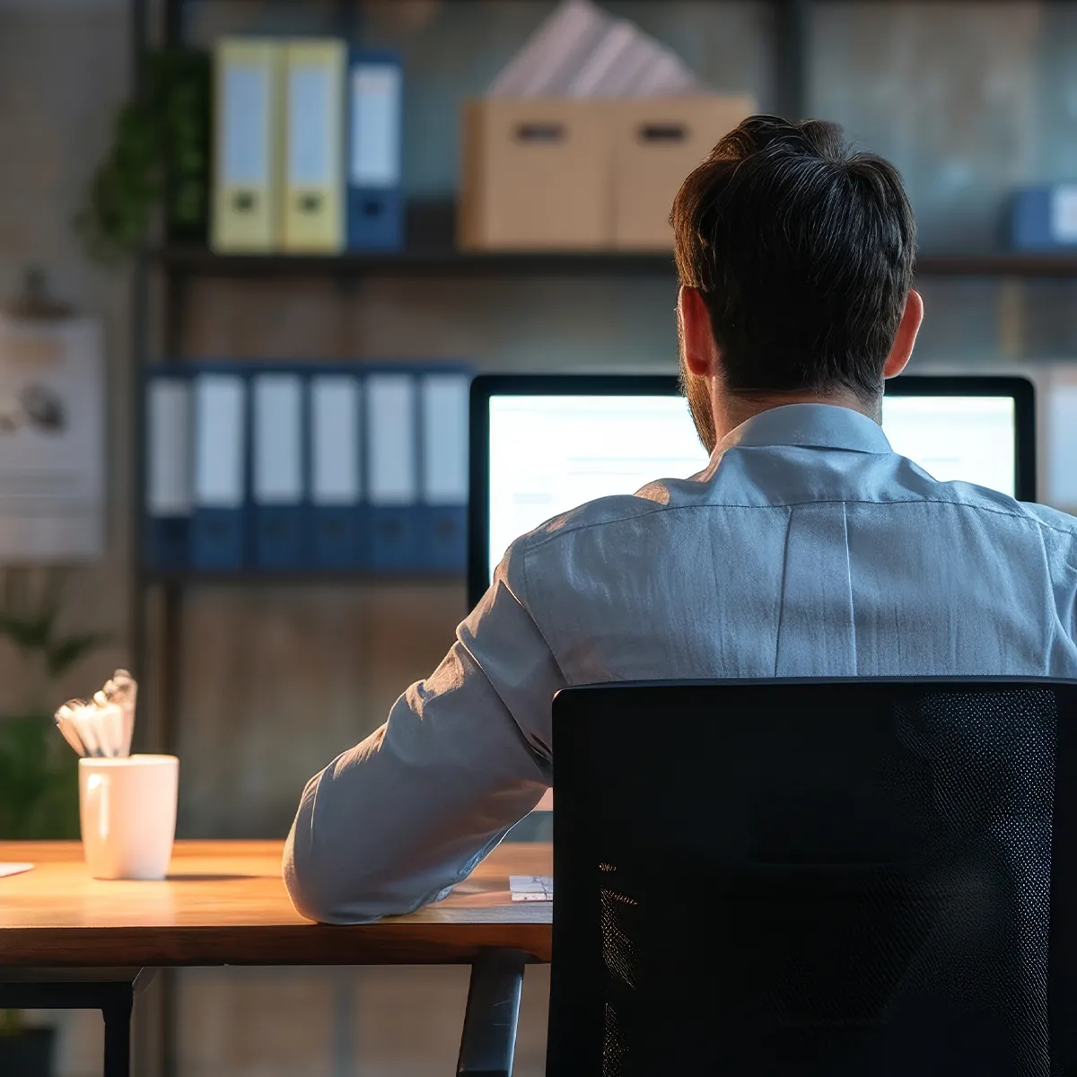 Ursachen für Vitamin D Mangel geschlossene Räume Eine männliche Person sitzend von hinten fotografiert vor einem Schreibtisch mit Monitor darauf. Im Hintergrund ist ein Regal mit Ordnern und Kisten erkennbar