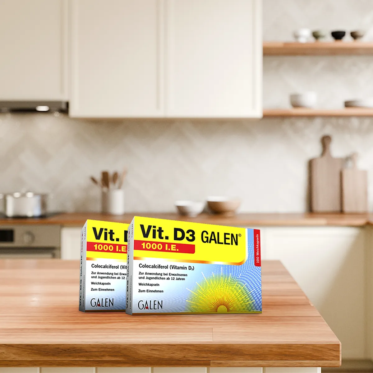 Vit. D3 GALEN Packung auf einer Küchenanrichte