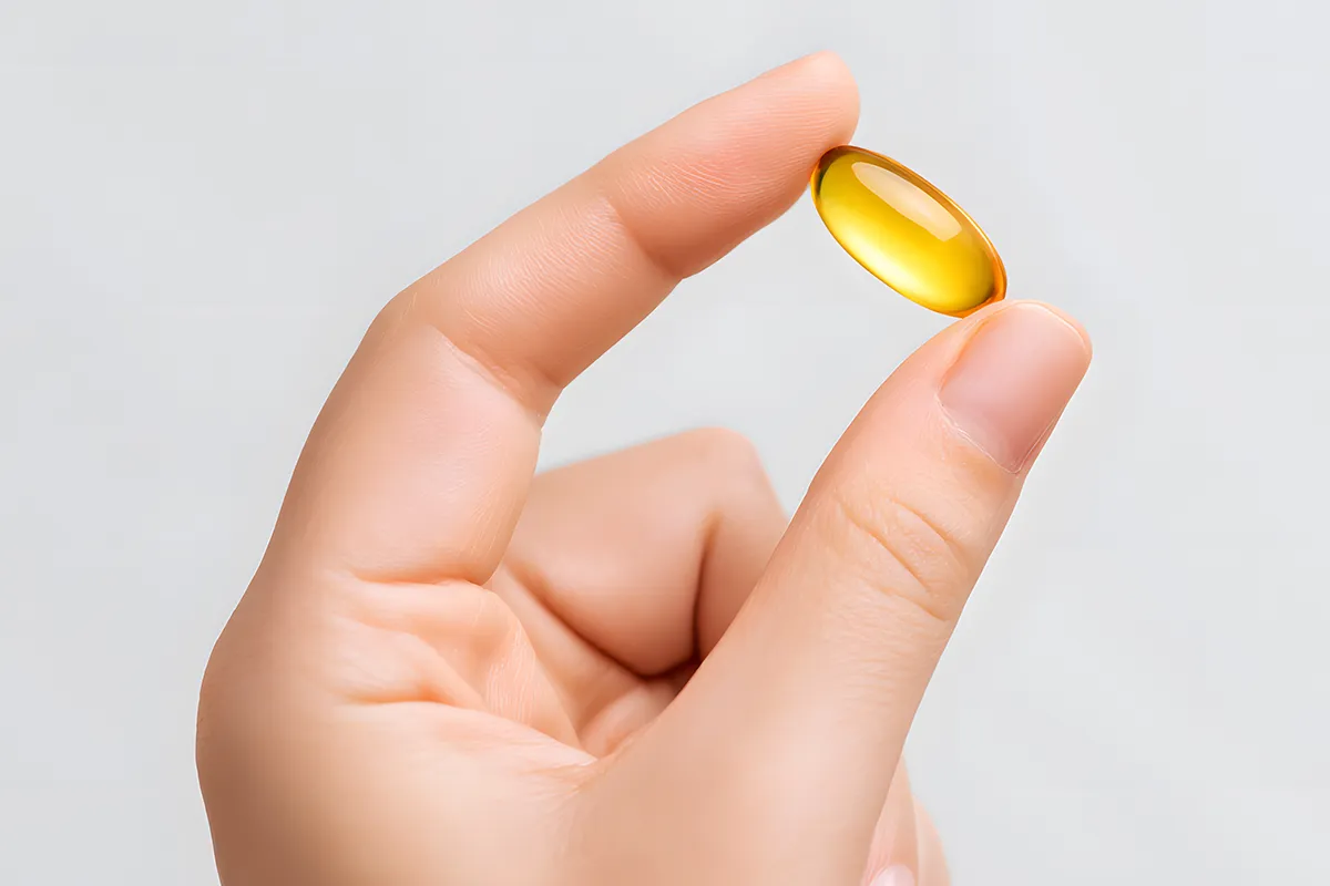 Eine gelbliche Pille zwischen Daumen und Zeigefinger einer Hand