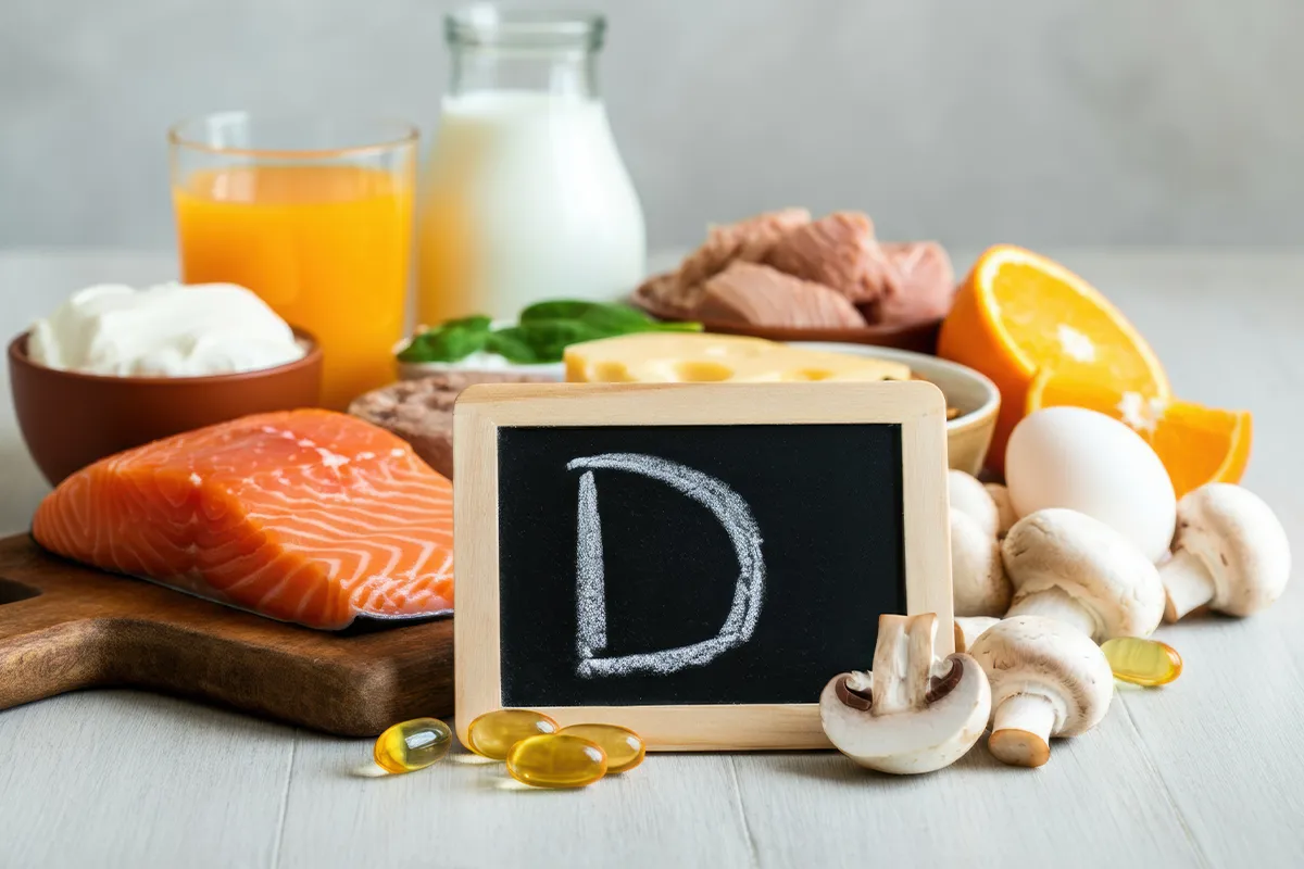 Vitamin D in Lebensmitteln Tipps Eine Kollage aus unterschiedlichen Nahrungsmitteln mit einer Kreidetafel mit einem D drauf davor