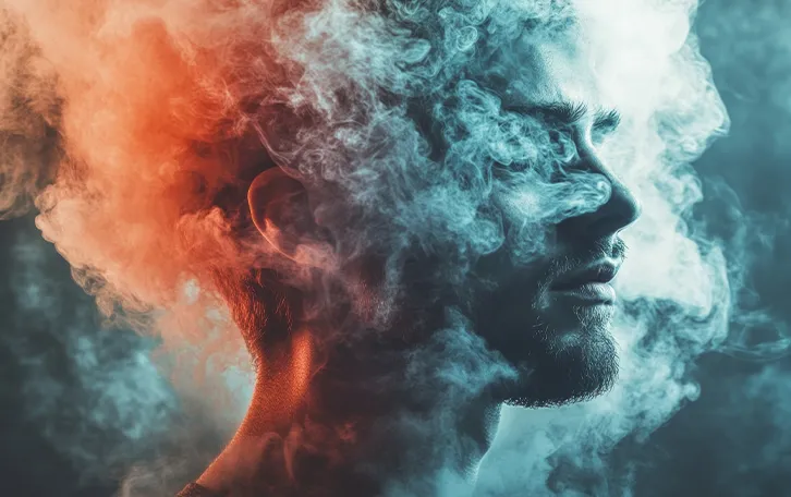 Vitamin D Mangel Diagnose Überdosierung Der Kopf einer männlichen Person mit Nebel/Rauch drum herum, welcher von links rot und von rechts türkus angeleuchtet wird