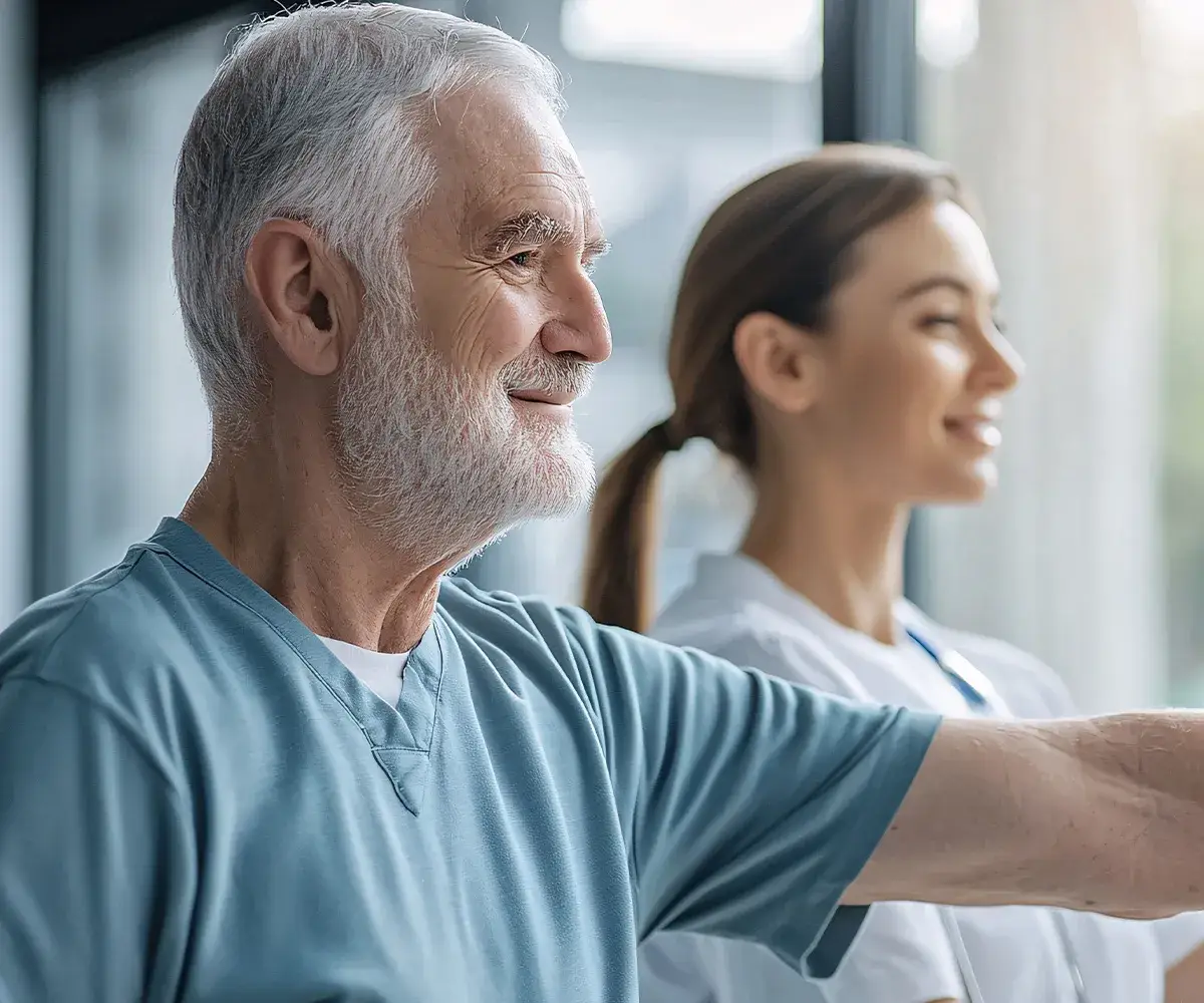 Vitamin D Mangel Risikogruppen alte Menschen Eine ältere männliche Person mit einer jüngeren weiblichen im Hintergrund