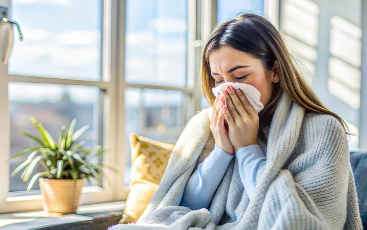 Vitamin D Mangel Symptom häufige Infektionen Eine dich angezogene und mit Decken eingepackte Frau putzt sich die Nase