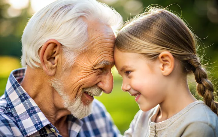 vitamin-d-mangel-ursache-alter-und-hautfarbe Ein Mädchen und ein älterer Mann schauen lächelnd sich mit Stirn an Stirn in die Augen