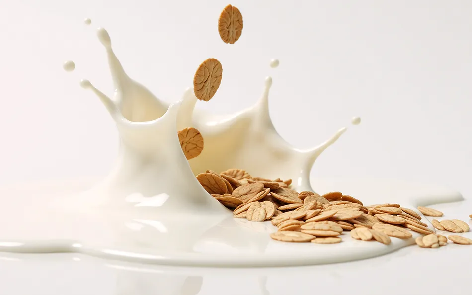 Kekse, die in Jogurt fallen und dabei der Jogurt durch die Gegend spritzt