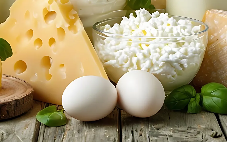 Eine Kollage von Lebensmittels mit unteschiedlichen Käsen, Eiern, Basilikum