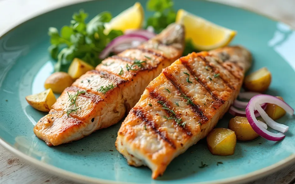 Eine Portion Fisch auf einem Teller mit Kartoffeln und Zitronen