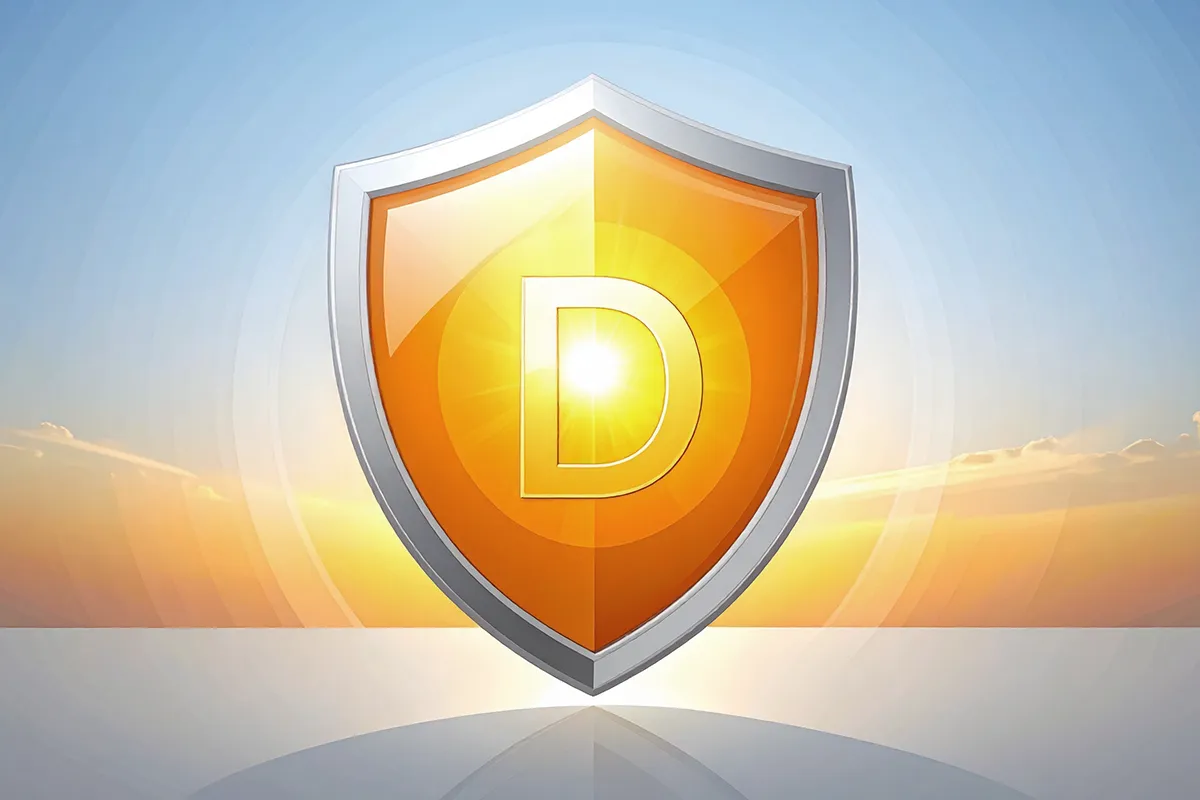 Ein Schutzschild mit einem großen D drauf, vor einem Sonnenuntergang