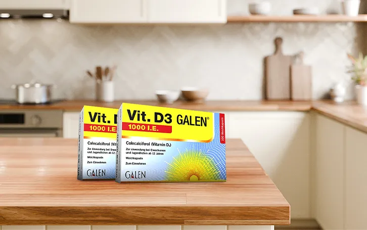 Wissenswertes zu Vitamin D Mangel Vit. D3 GALEN Packung auf einer Küchenanrichte